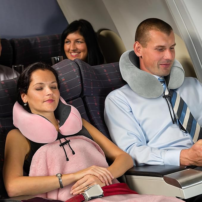 Travel Pillow and Blanket Set Neck Pillow Airplane Memory Foam for Traveling Compact with Bag Grey