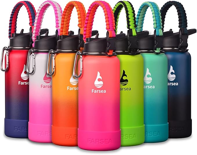 Farsea Insulated Water Bottle With Paracord Handle, Protective Silicone Boot and 2 Lids (Straw Lid & Spout Lid), Stainless Steel Water Bottle Wide Mouth, Double Wall Sweat-Proof BPA-Free, 32 oz