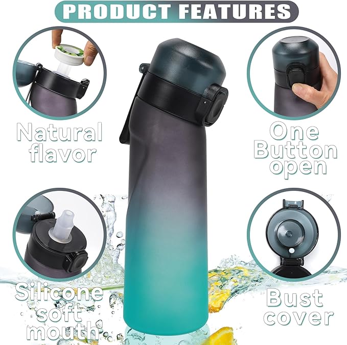 Water Bottle with Flavor Pods 21.9 Oz/650ml Fruit Fragrance Water Bottle Recyclable Sports Air Water Cup Scented Pods for Outdoor (Blue Black)