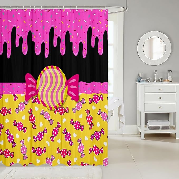 Feelyou Sweet Candy Shower Curtain 72"x84" Kids Donuts Print Bathroom Shower Curtain Set for Boys Girls Teens Love Heart Bath Curtain Black Pink Yellow Bathroom Accessories