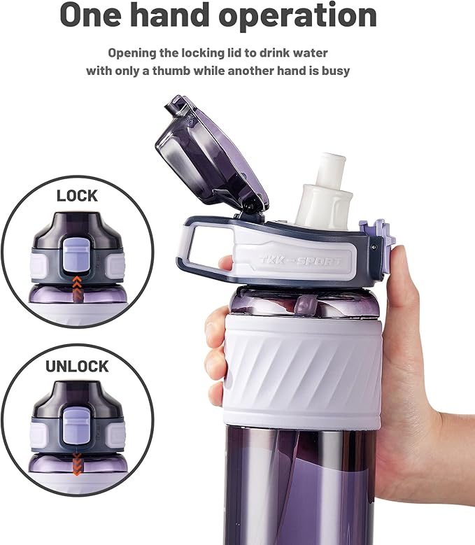 TKK 15oz Sports Water Bottles with Removable Straw Durable BPA Free Tritan Bottles Leak-Proof Water Bottles for School, Fitness, Gym, Outdoor, Purple