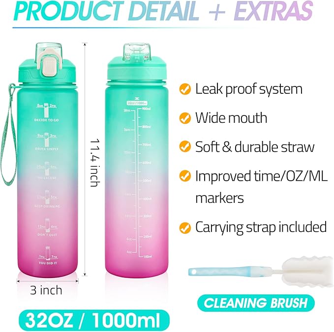 Motivational Water Bottle with Time Marker- 32oz Water Bottles with Times to Drink, Leakproof & BPA Free Sports Water Bottle with Straw & Carry Strap for Fitness, Gym, and Outdoor Sports