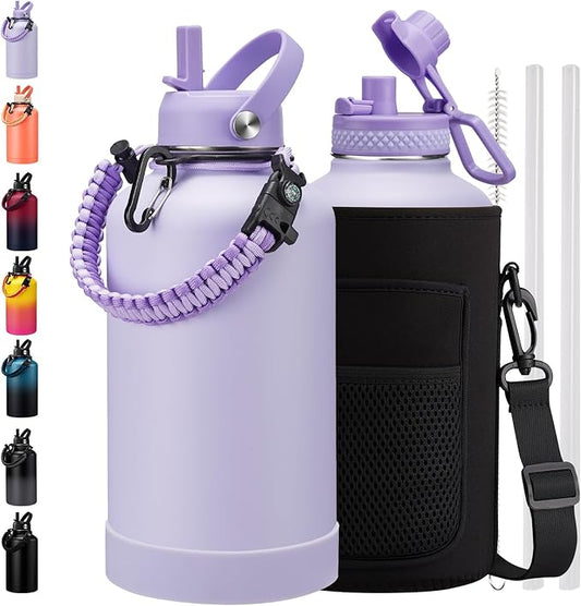 Half Gallon Water Bottle with Straw - Pop Up Lid, Carrying Pouch, Paracord Handle, Silicone Boot, 64 oz Water Bottle Triple Wall Thermal Mug Gallon Water Jug for Work School Home Sports Gym