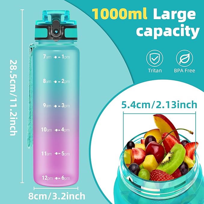 OLDLEY 32 oz Water Bottle, Motivational Water Bottle with Time Marker, Sports Water Bottle With Strap, Leakproof & BPA Free Large Water Bottles for School, Gym, Travel,Tritan,Green&Purple