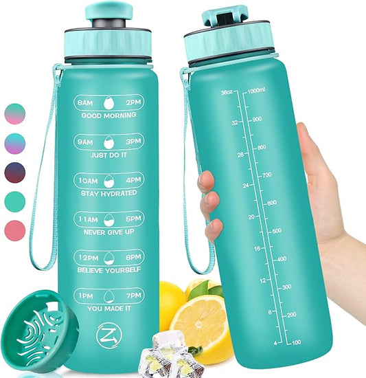 ZOMAKE 32oz Motivational Water Bottle with Times to Drink,Time Marker & Removable Strainer,Fast Flow,Leakproof Tritan BPA Free Non-Toxic Water Jug for Fitness,Gym,Sports…