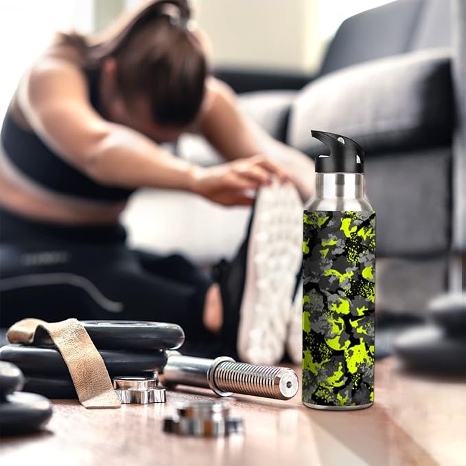 Fluorescence Camo Stainless Steel Sports Water Bottle with Straw, 32 oz Vacuum Insulated Cup, Keeps Hot Cold Canteen Water Bottles For Cycling Travel Hiking