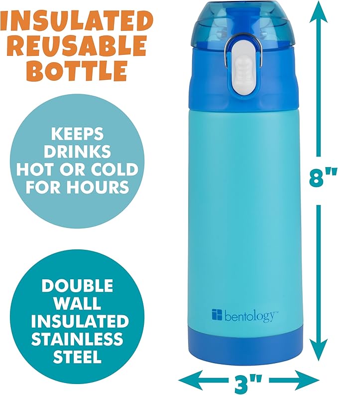 Bentology Stainless Steel 13oz Insulated Kids Water Bottle w Built In Straw- Easy to Open, Reusable BPA-Free, Fits in Most Lunch Boxes for Boys, Girls, School, Sports, Camp- Keep Drink Cold All Day