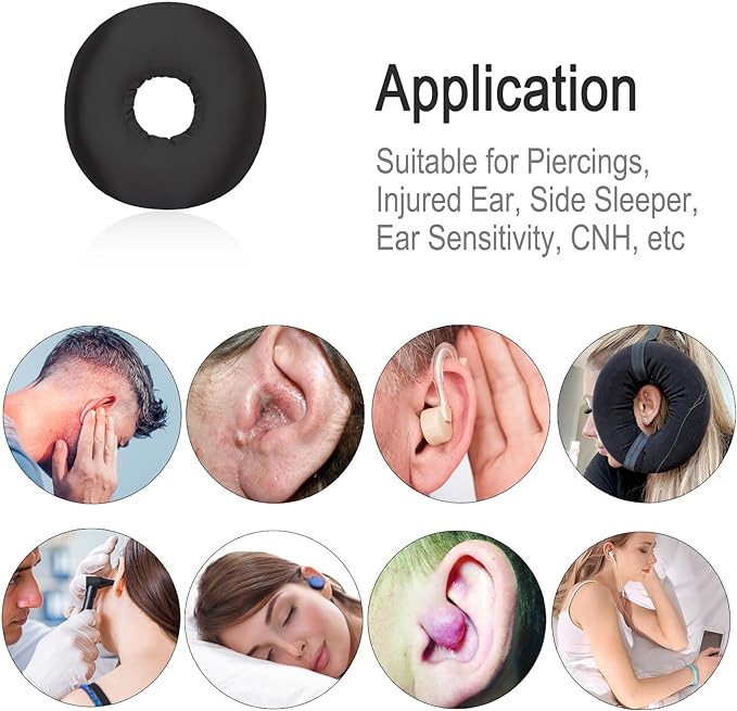 Silky Ear Piercing Pillows with Holes Removable Pillowcase Washable Donut Pillow for Ear Pain Side Sleeping Cartilage CNH Pressure Sore Tinnitus Headphones Relief Guard Protector Black