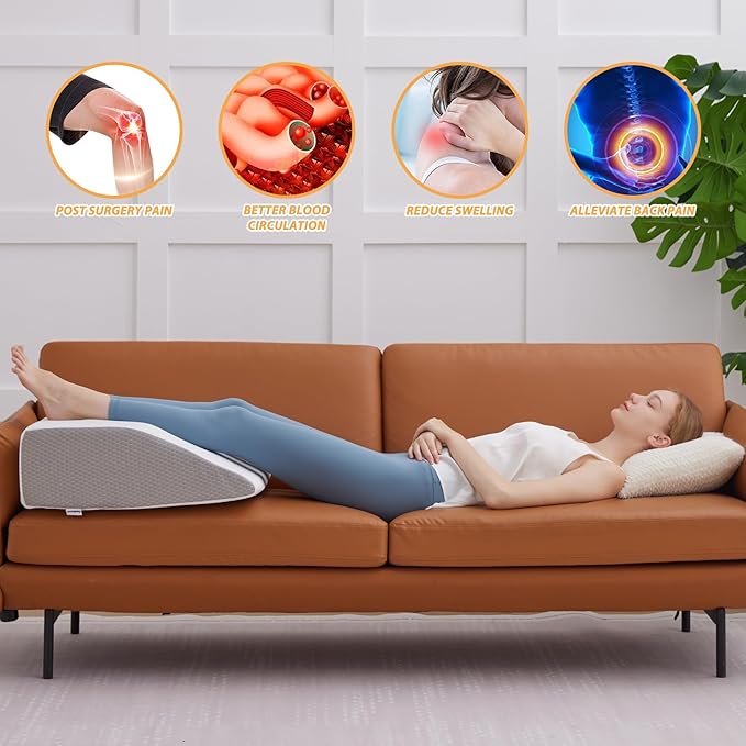 Leg Elevation Pillows, Leg Pillows for Sleeping, Cooling Gel Memory Foam Top, Wedge Pillow for Legs, Leg Wedges for Circulation, Swelling, After Surgery - Removable Cover (6 Inch, White/Grey)
