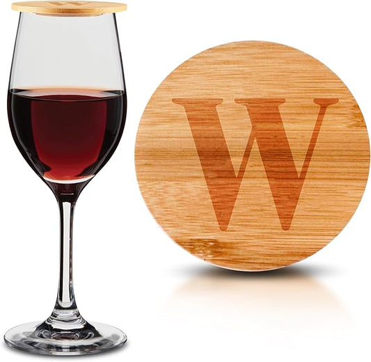 Personalized Wine Glass Charcuterie Topper - Custom Laser Engraved Initial Bamboo Wine Glass Topper Stopper Coasters Plate ID Identification Wine Glass Charcuterie Board Topper (Letter W)