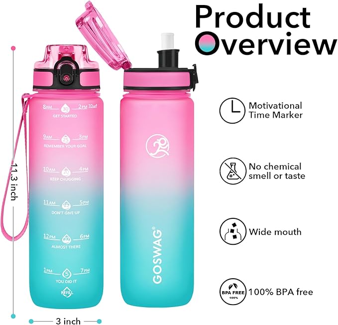 GOSWAG Water Bottles, 32 oz Motivational Sports Water Bottle with Straw and Time Marker to Remind You to Drink, Comes with Carry Strap, Leakproof