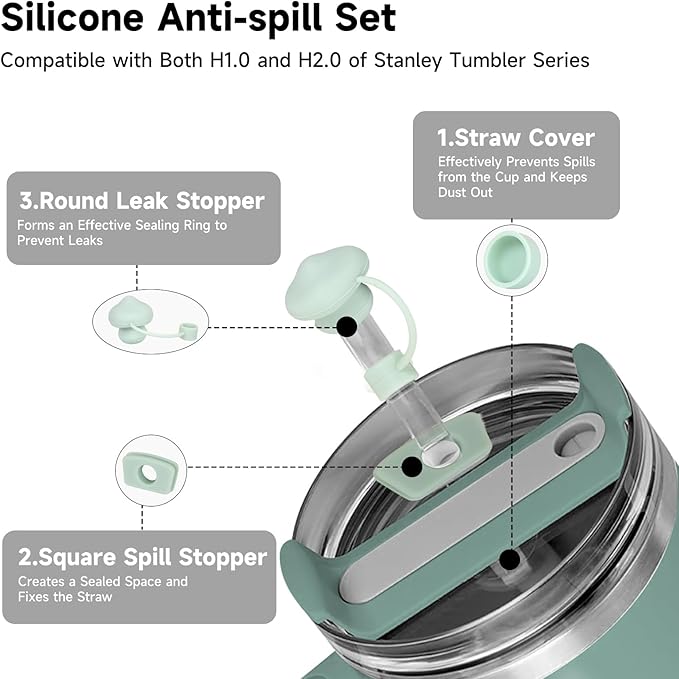 Silicone Spill Stopper Set for Stanley Cup2.0 30oz&40oz Straw Cover(Set of 1),1Pcs Silicone Boot Sleeve for Stanley,1Pcs Silicone Handle Protective Sleeve., Light Green