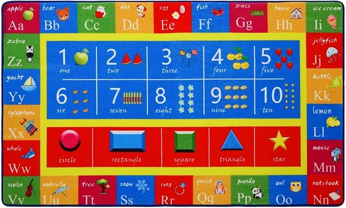 Baby Play Mat Kids Rug for Playroom, ABC Alphabet Numbers and Shapes Educational Learning Mat for Classroom, Soft Game Play Area Rug Carpet for Toddler Boys Girls Childern Nursery Room, 5x7 Ft