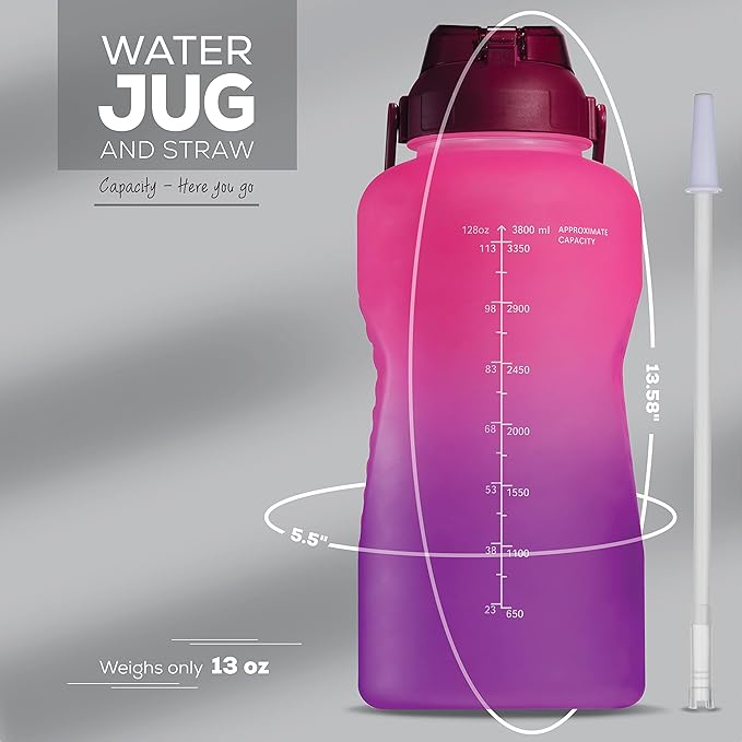 Motivational Water Bottle with Straw & Handle,One Gallon Water Bottle 128 oz/3.8L,Reusable Water Jug, Achieve All-Day Hydration SpillProof, BPA FREE
