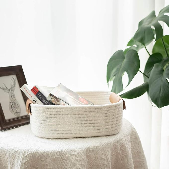 CHICVITA 3 Pack Rectangle Cotton Rope Woven Basket with Handles for Books, Magazines, Toys - Ideal Gift Decorative Basket for Baby Nursery, Living Room