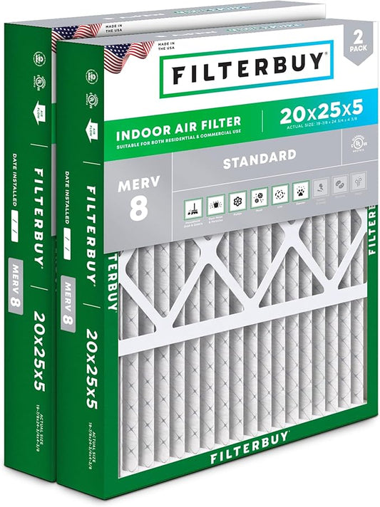 Filterbuy 20x25x5 Air Filter MERV 8 Dust Defense (2-Pack), Pleated HVAC AC Furnace Air Filters for Honeywell FC100A1037, Lennox X6673, Carrier, & More (Actual Size: 19.88 x 24.75 x 4.38 Inches)