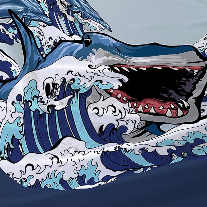 AILONEN Cartoon Shark Shower Curtain for Kids Boys Girls,Blue Ocean Wave with Shark Waterproof Fabric Shower Curtain for Bathroom,Blue Jumping Dolphin Theme Shower Curtain Set with Hooks,72" W*84" H
