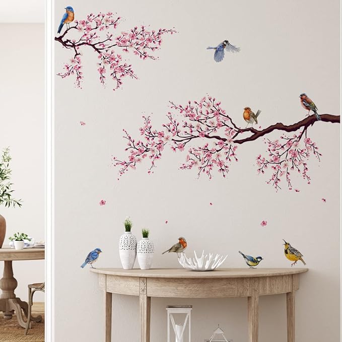 Watercolor Flower Wall Decals Peel and Stick Birds Vinyl Wall Stickers Colorful Wall Sticker Hummingbird on The Tree Branch Flower Decals Garden Living Room Bedroom TV Wall Decorations