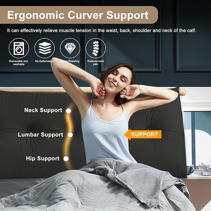 Large Triangular Headboard Pillows Long Backrest Positioning Support Bolster Cushion for Daybed Fluffy Quality Plush Body Wedge Pillow with Removable Cover(Black-Cal King-71x8x20 in)