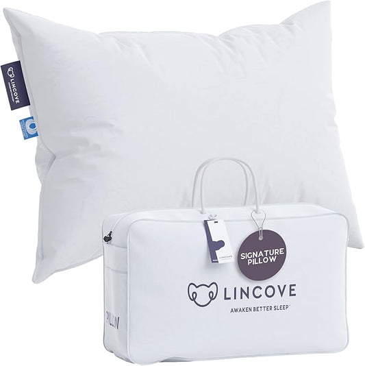 Lincove Signature 100% Natural Canadian White Down Luxury Sleeping Pillow - 800 Fill Power, 500 Thread Count Cotton Shell, Made in Canada, Queen - Medium, 1 Pack