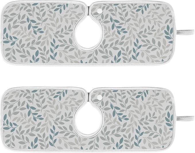 Gray and Blue Leaves Branches Faucet Water Catcher Mat 2 Pack Botanical Herbs Flowers Drying Mat Absorbent Bathroom Faucet Handle Drip Catcher Tray Bar RV Kitchen Sink Splash Guard 14x5 Inches