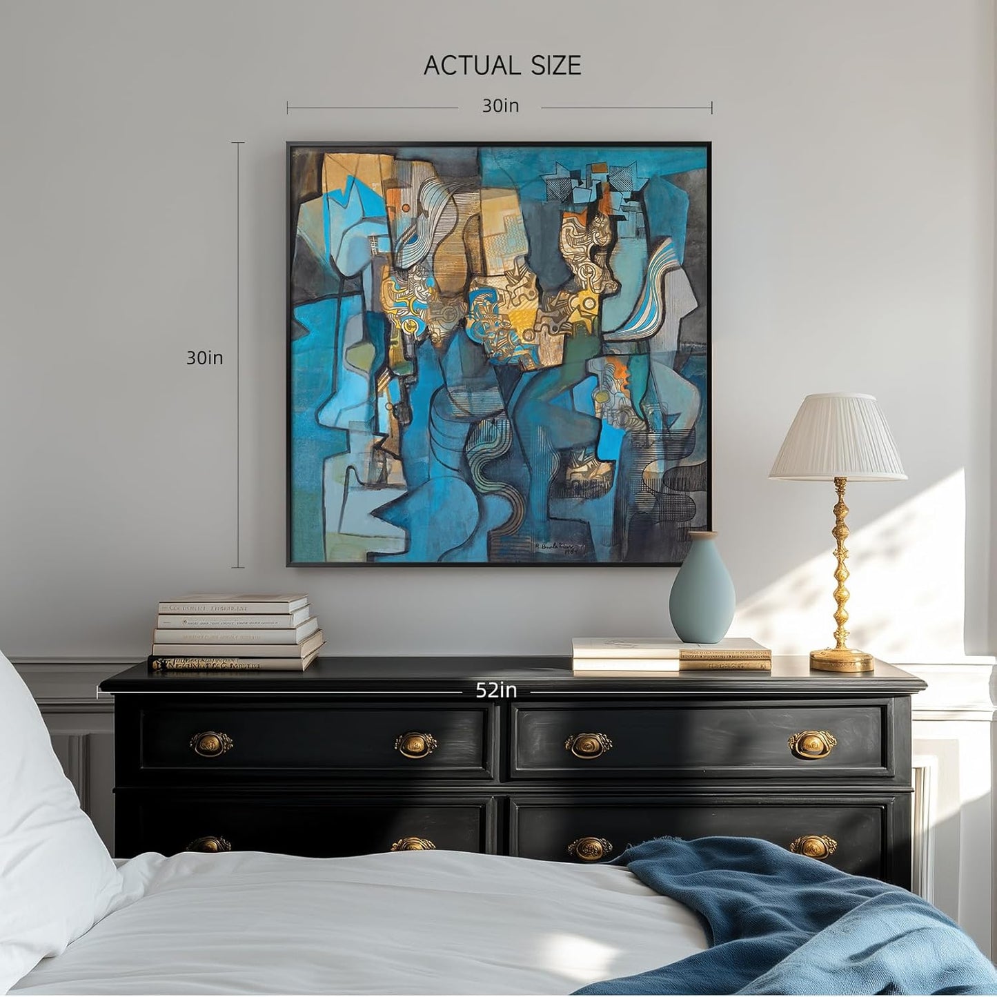 Large Framed Blue Modern Abstract Wall Art for Living Room, Canvas Paintings Artwork for Walls, Minimalist Art Prints Pictures for Hallway Bedroom Office Wall Decor -30x30 Inch