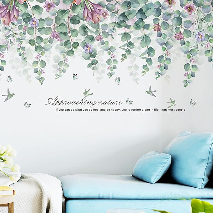 Green Plants Leaves Wall Decals Peel and Stick Large Hanging Vines Wall Stickers Bedroom Living Room Sofa TV Background Wall Decor