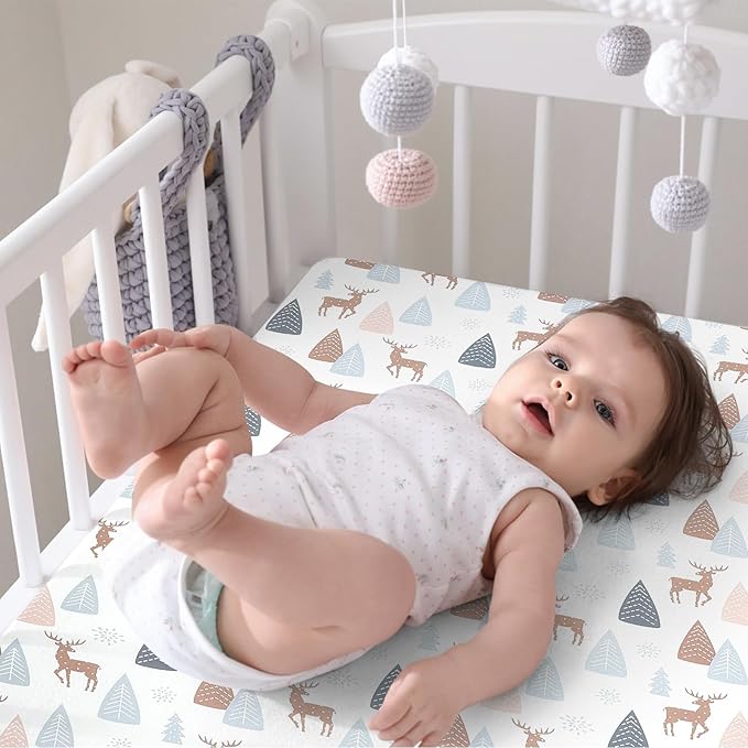 Pack n Play Sheets 2 Piece Mini Crib Sheets Stretch Play Sheets Portable Bed Sheet Soft Fitted Sheet Breathable Elastic Convertible Playard Cover Compatible with Graco Pack n Play Deer Park