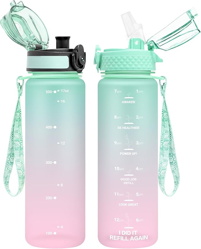 OLDLEY Kids Water Bottle for School, 17 oz (2 lids) BPA-Free Reusable Leak-proof Durable Tritan Plastic Water Bottles with Straw & Chug Lids, Anti-dust Spout Cover (Mintpink)