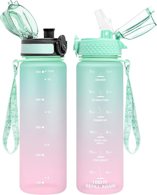 OLDLEY Kids Water Bottle for School, 17 oz (2 lids) BPA-Free Reusable Leak-proof Durable Tritan Plastic Water Bottles with Straw & Chug Lids, Anti-dust Spout Cover (Mintpink)