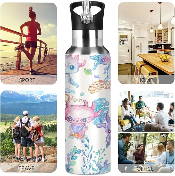 Axolotl Sports Water Bottle, Double Wall Vacuum Insulated Stainless Steel Water Bottle with Straw Keeps Hot and Cold, Bike Running Sports Travel Gym 20oz