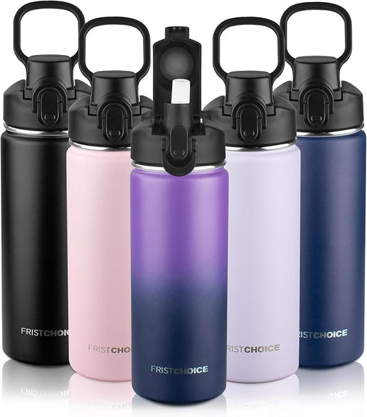 Insulated water bottle with Straw,18oz Stainless Steel Water Bottle for Adult Kids,Double Wall Vacuum Wide Mouth Insulated Water Bottle for School,BPA-free and Leak-proof（18oz,Purple Navy blue）