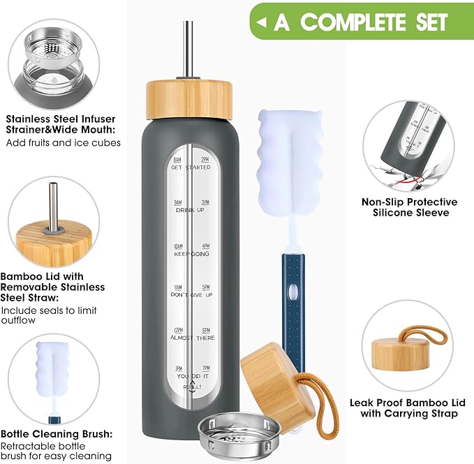 32 oz Glass Water Bottles with Straw - Motivational Glass Water Bottle with Time Marker & Silicone Sleeve - Reusable Glass Tumbler Includes 2 Bamboo Lids & Fruit Infuser - 1 Pack