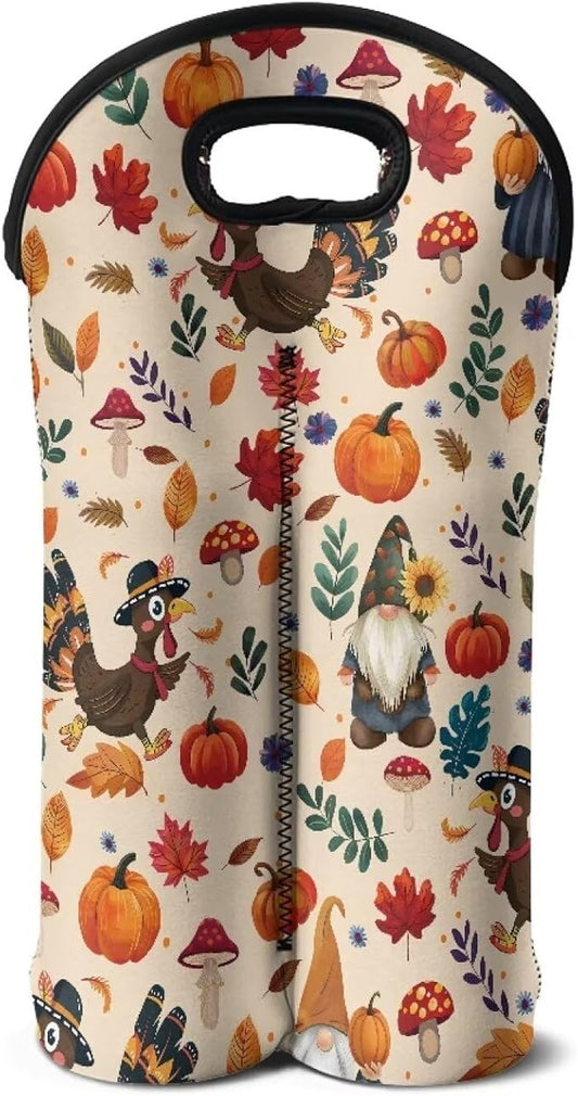 doginthehole Thanksgiving Gnomes Wine Bottle Tote, 750ml 2 Bottles Hand-Held Neoprene Wine Bottle Bag Hand Bag for Travel with Carry Handle, Fall Pumpkin Turkey Champagne Bottles Carrying Case