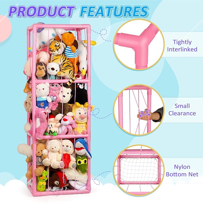 Trycooling Stuffed Animal Storage Zoo Stuffed Animal Holder Space Save Vertical Stuffed Animals Storage PVC with Elastic Band and Net for Playroom Birthday Gift for Bedroom Nursery - Pink