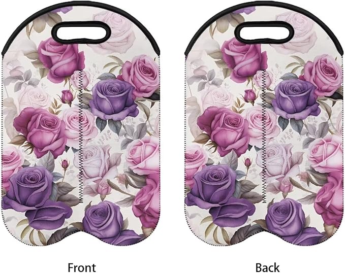 doginthehole 2 Bottle Wine Carrier Bag, Retro Purple Pink Rose Pattern Neoprene Wine Tote Bag with Handle, for Travel, Wine Tasting Party, Champagne/Beer/Drinks Carriers Bag for Wine Lover