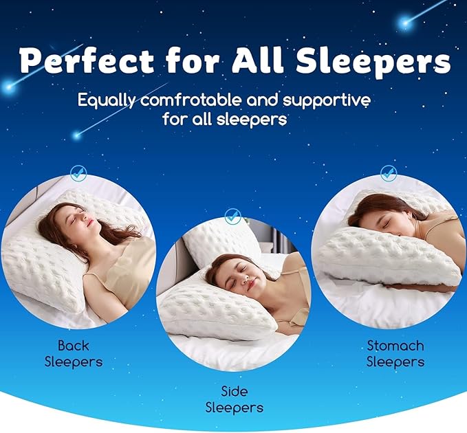 Cooling Side Sleeper Pillow for Neck and Shoulder Pain, Luxury Shredded Memory Foam Curved Bed Pillows for Sleeping Set of 2- Adjustable Queen Size- Washable Cover Crescent White