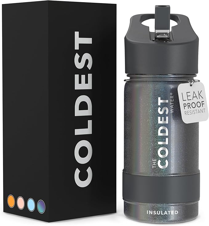 Coldest Sports Water Bottle - Straw Lid Bottle with Handle Leak Proof, Vacuum Insulated Stainless Steel, Double Walled, Thermo Mug, Metal | Stardust 14 oz