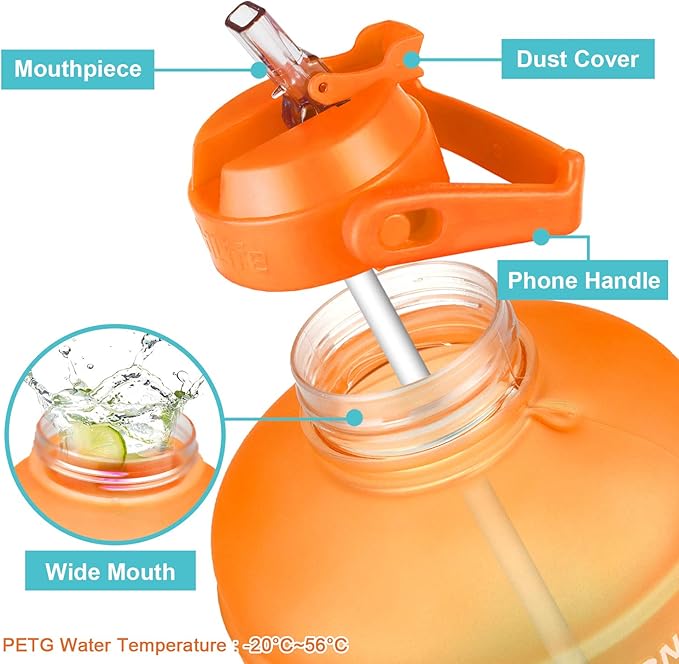 QuiFit 1 Gallon Water Bottle - with Straw & Motivational Time Marker Leak-Proof BPA Free Reusable Gym Sports Outdoor Large(128OZ) Capacity Water Jug(Orange/Green Gradient,1 Gallon)