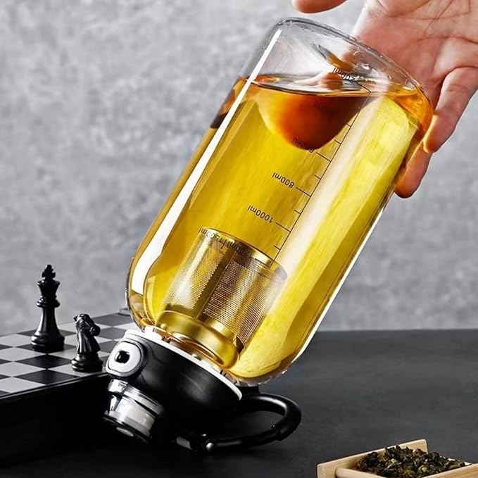 Glass Tea Bottle with Infuser 33oz - Large Glass Tea Tumbler with Lock Lid and Sleeve,Leakproof Glass Sports Water Bottle with Direct Drink Spout for Gym Home Workout