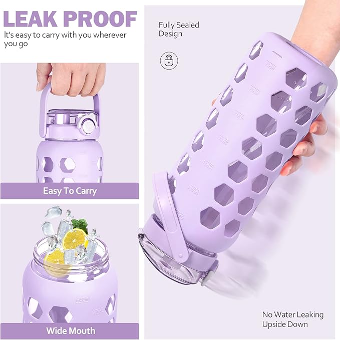 MUKOKO 56oz Glass Water Bottles with Straw and Lid,Motivational Water Jug with Time Marker Reminder and Silicone Sleeve,100% Leakproof BPA Free Fitness Sports Large Bottle-Purple