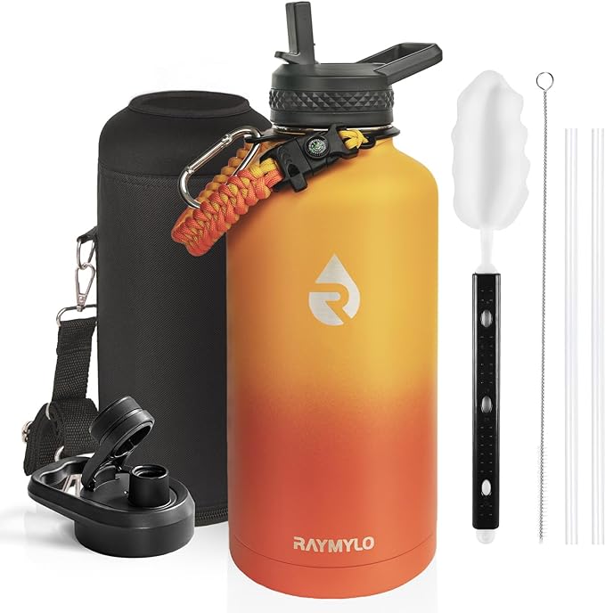 Insulated Water Bottle 87 oz, Triple Wall Vacuum Stainless Steel (Cold for 48 Hrs), Leak Proof & Non-BPA, Modern Water Flask Jug with Paracord Handle & Straw Spout Lids, Ombre Orange