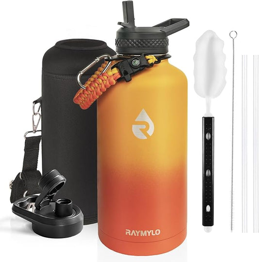 Insulated Water Bottle 87 oz, Triple Wall Vacuum Stainless Steel (Cold for 48 Hrs), Leak Proof & Non-BPA, Modern Water Flask Jug with Paracord Handle & Straw Spout Lids, Ombre Orange