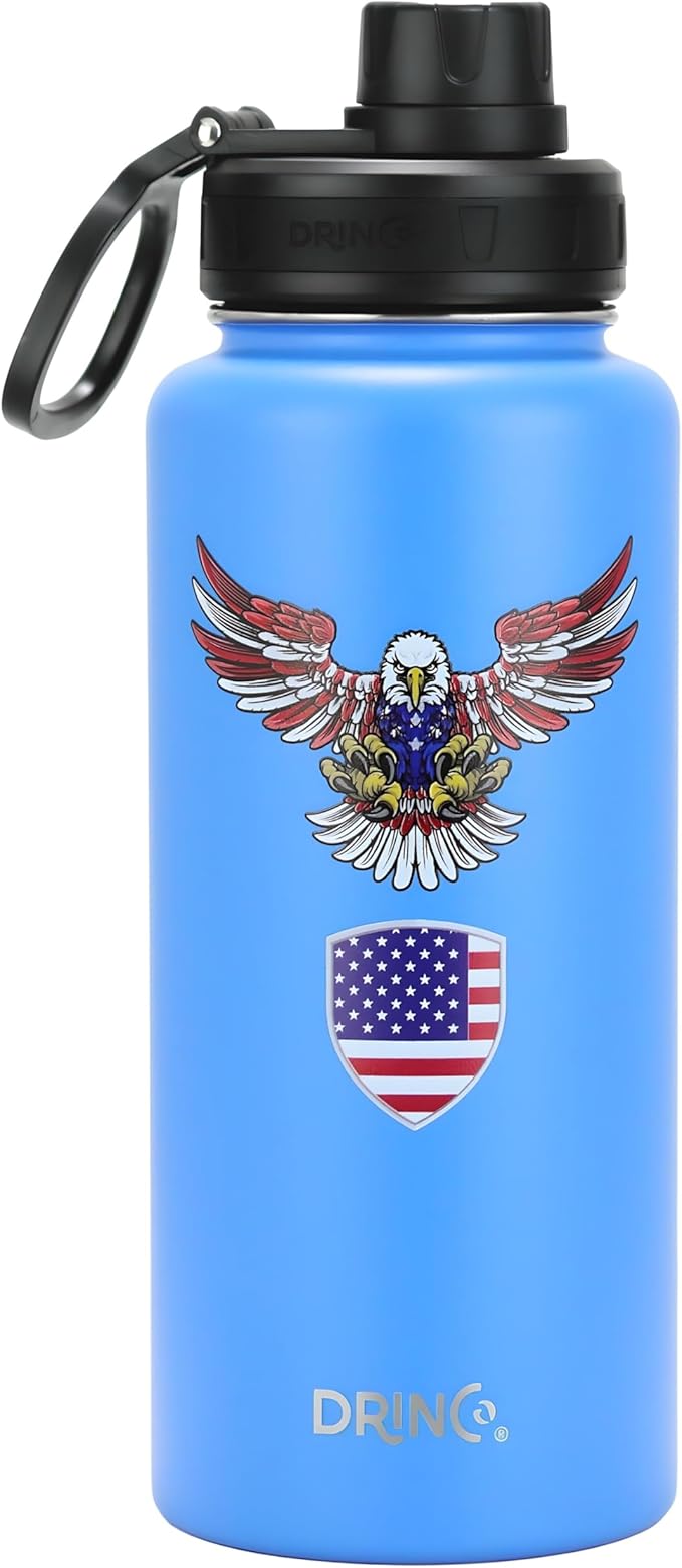 DRINCO Stainless Steel Water Bottle Spout Lid Vacuum Insulated Double Wall Water Bottle USA Flag Military Veteran (32oz Eagle Royal Blue, 32oz)