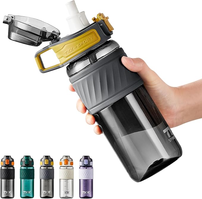 TKK 20oz Sports Water Bottles with Removable Straw Durable BPA Free Tritan Bottles Leak-Proof Water Bottles for School, Fitness, Gym, Outdoor, Grey