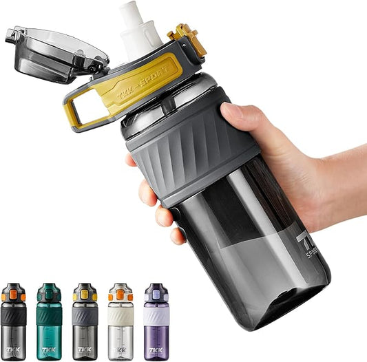 TKK 20oz Sports Water Bottles with Removable Straw Durable BPA Free Tritan Bottles Leak-Proof Water Bottles for School, Fitness, Gym, Outdoor, Grey