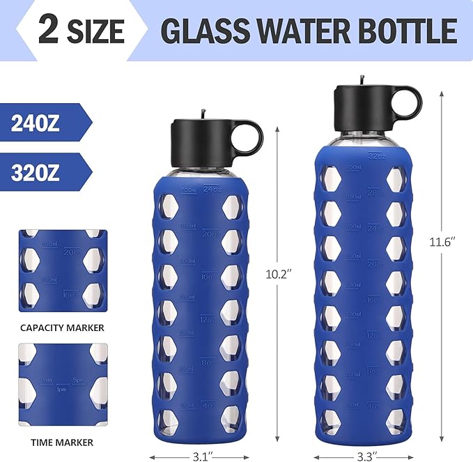 MUKOKO Glass Water Bottles, 24oz Glass Tumbler, Drinking Bottles with 2 Lids-Handle Flip Straw Lid&Bamboo Lid, Motivational Water Bottle with Time Marker and Silicone Sleeve, Leakproof-1 Pack-Blue