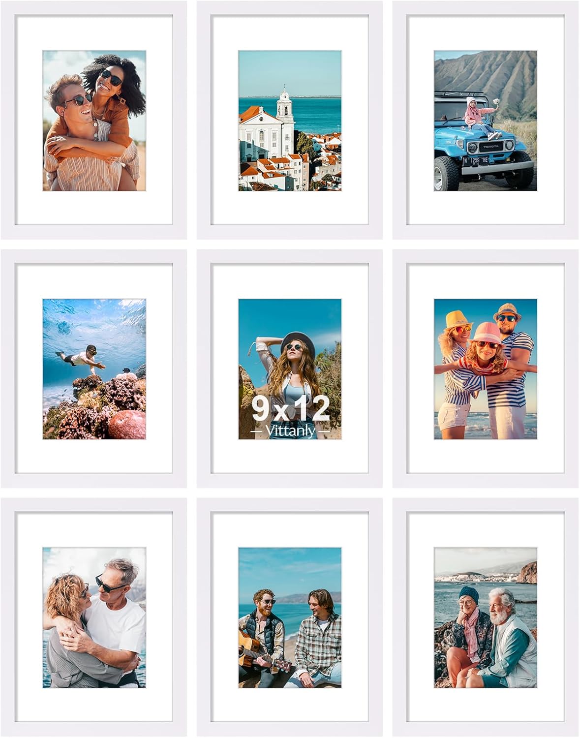 Vittanly 9x12 Picture Frames Set of 9, Shatter Resistant Plexiglass, Display 6x8 Pictures with Mat or 9x12 without Mat, Photo Frames for Wall or Tabletop, Engineered Wood, White