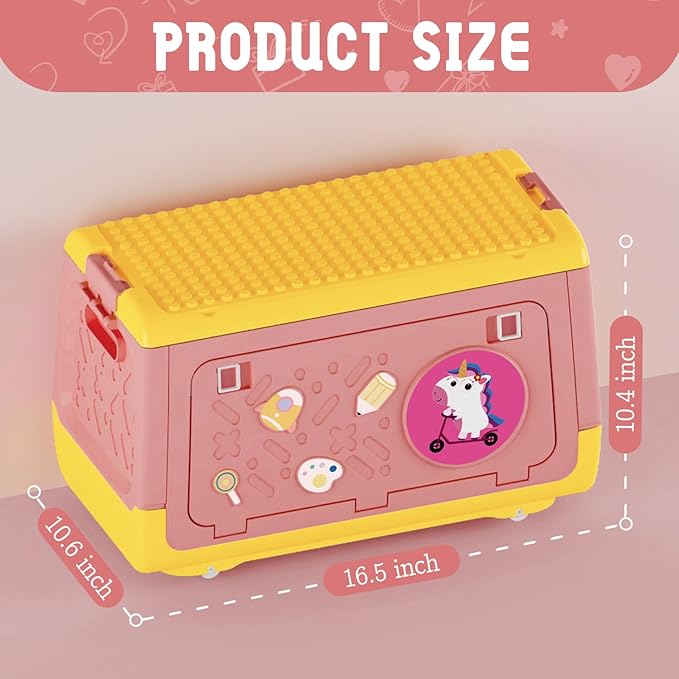Toy Box Chest with Lid, Unicorn Collapsible Storage Organizer for Kids Boys Girls, Plastic Stackable Toddler Toy Bins with Building Block Lid (Pink)