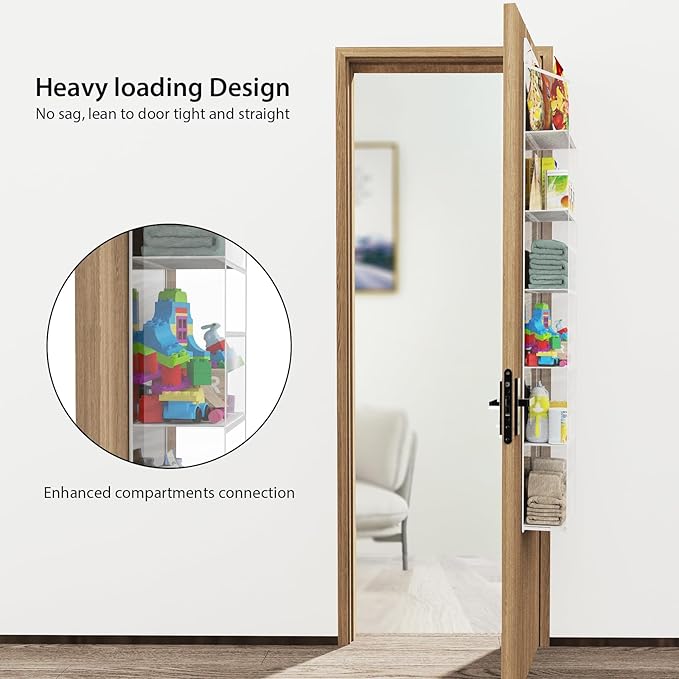 Univivi Over The Door Organizer Hanging Storage, Closet Door Organizer Baby Storage with 6 Clear Plastic Pockets & 2 Big Metal Hooks & Sticker for Cosmetics, Bathroom, Nursery and Sundries